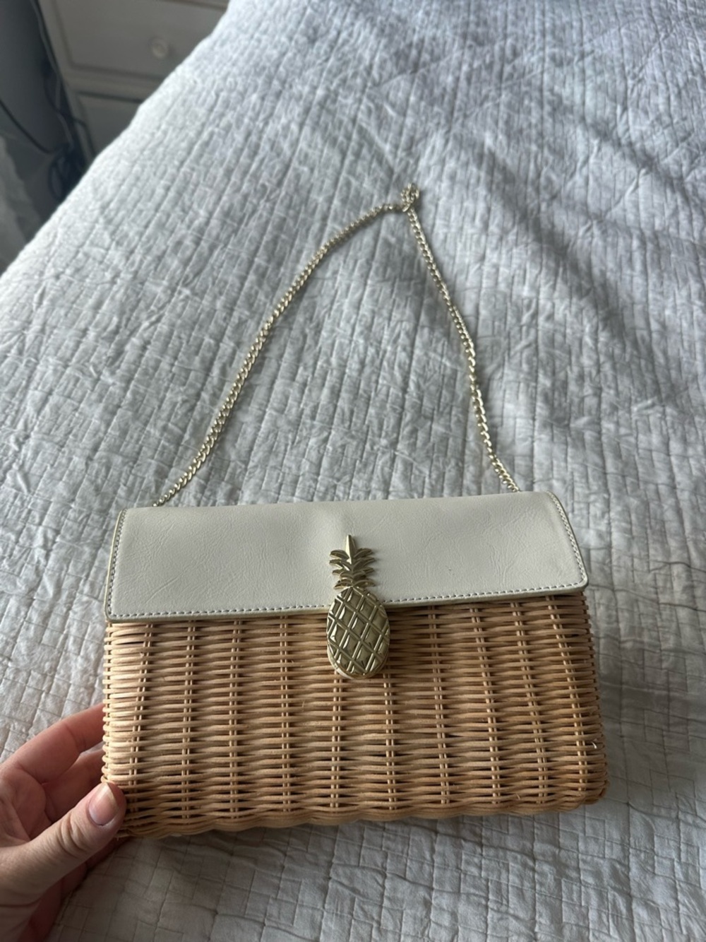 Talbots Cream-Trim Wicker Shoulder Bag with Gold Pineapple Clasp